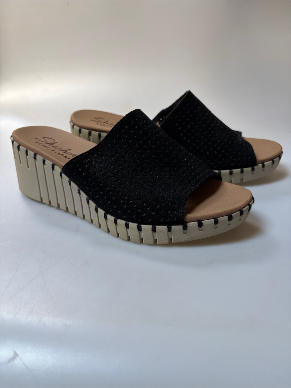Skechers Black Slide Wedge Mules with Cream Platform